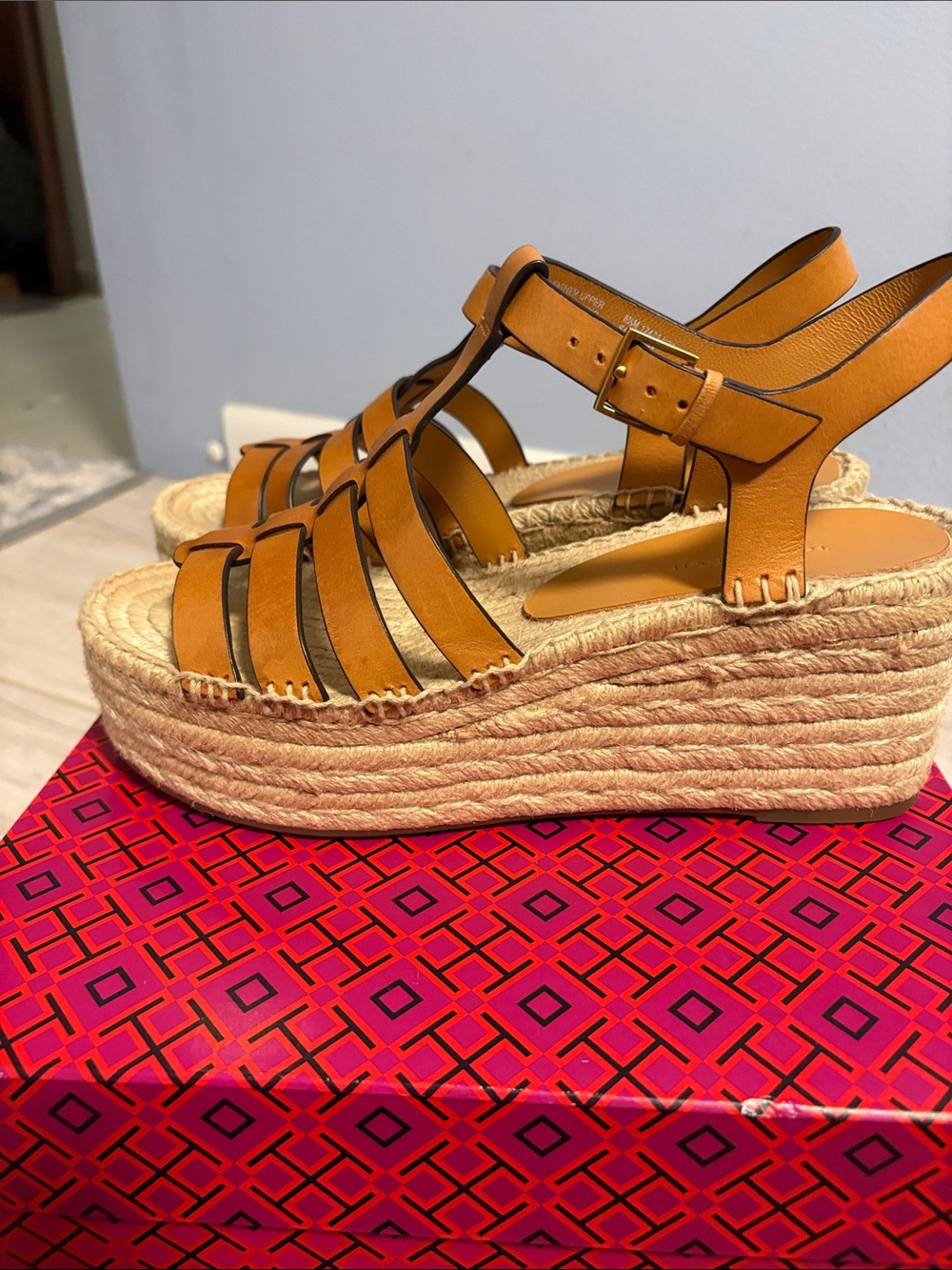 Tory Burch Cognac Leather Espadrille Wedge Sandals - Picture 3 of 4